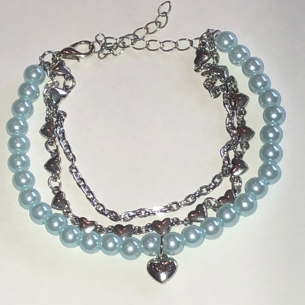 Layered Light Blue Faux Pearl and Silver Tone Heart Charm Bracelet